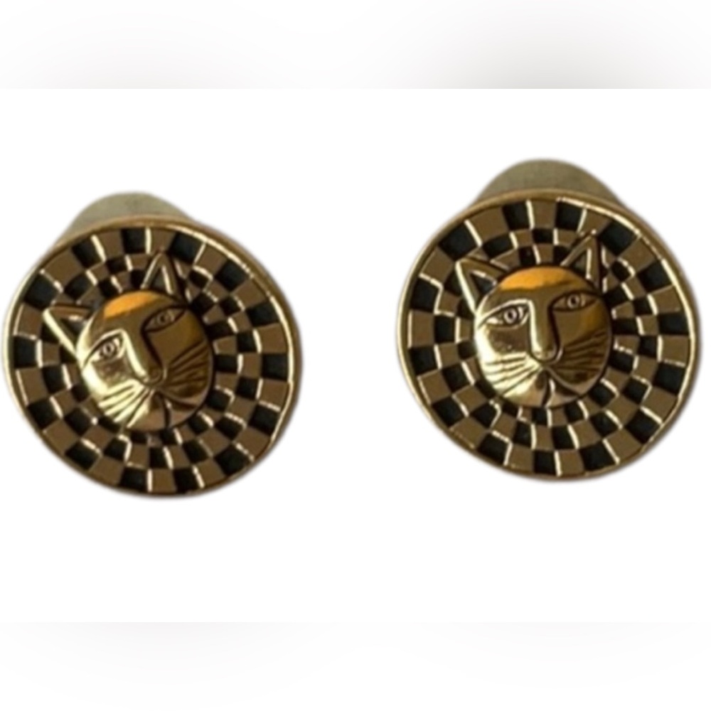Laurel Burch Cat Face Earrings Gold Black Checkerboard Vintage Signed